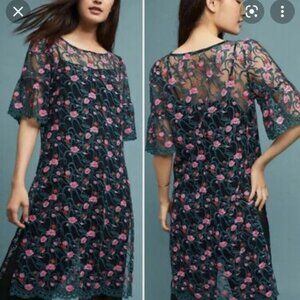 Anthropologie Moulinette Soeurs Green Pink Floral‎ Embroidered Sheer Dress